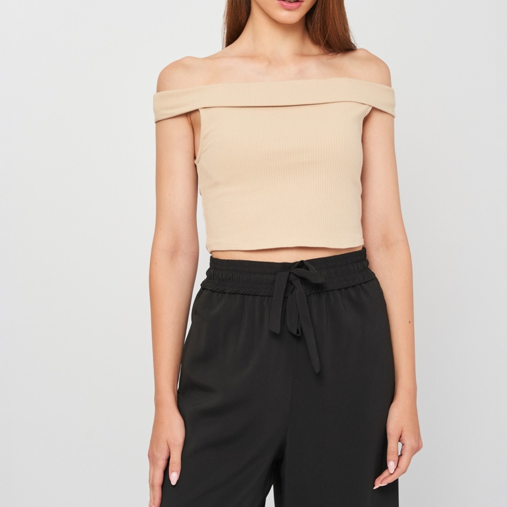 Zara Off-The-Shoulder Crop Top Beige Size S - Picture 1 of 7